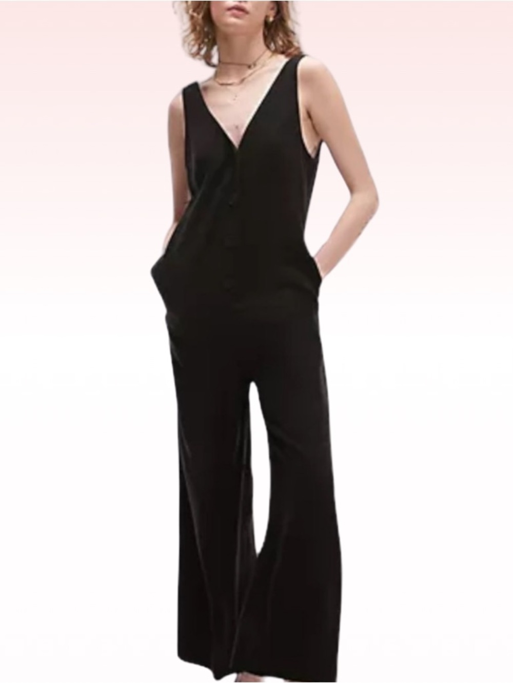 TOPSHOP Black Plunge Lace Up Back Jumpsuit (Sz 4)